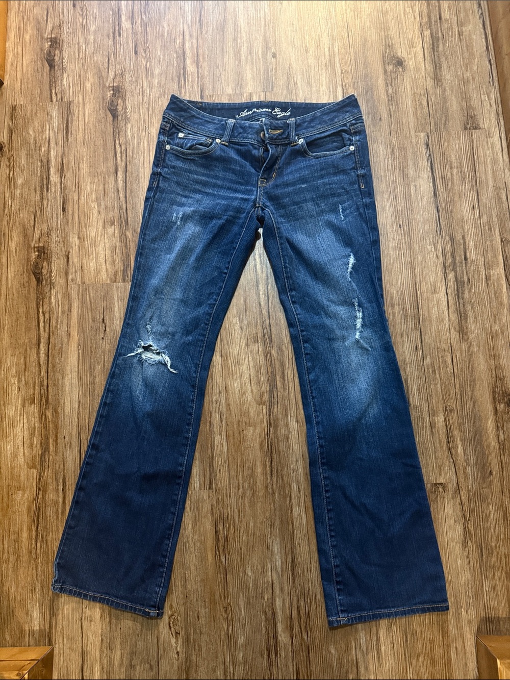 American Eagle Outfitters Dark Blue Flare Jeans with Distressed Detail